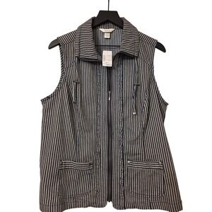 CJ Banks Women's Striped Vest Full‎ Zip Sleeveless Collared Pockets Lightweight
